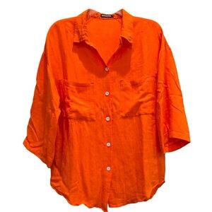 Lionne Size Large Orange 3/4 Sleeve Relaxed Fit Linen Blend Button Down Shirt